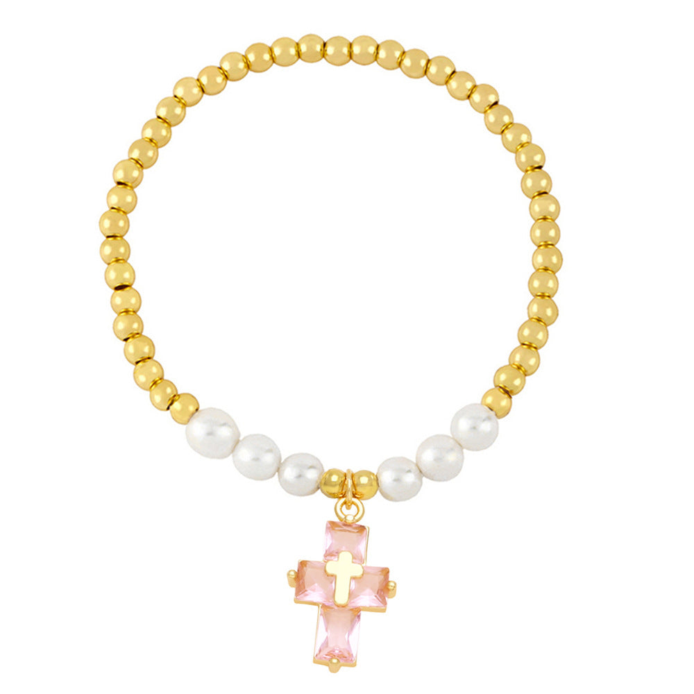 Wholesale Copper Plated Real Gold Cross Pendant Beaded Bracelet
